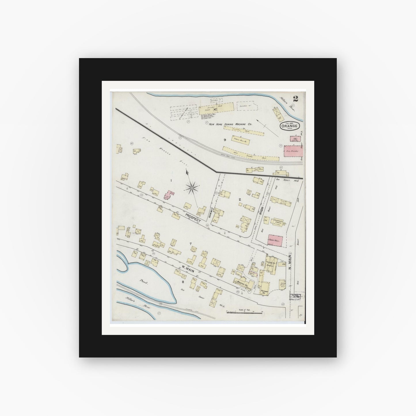 Old map wall art mockup — black gallery frame with white mat — Sanborn Fire Insurance Map from Orange, Franklin County, Massachusetts (1889), Sheet #0002