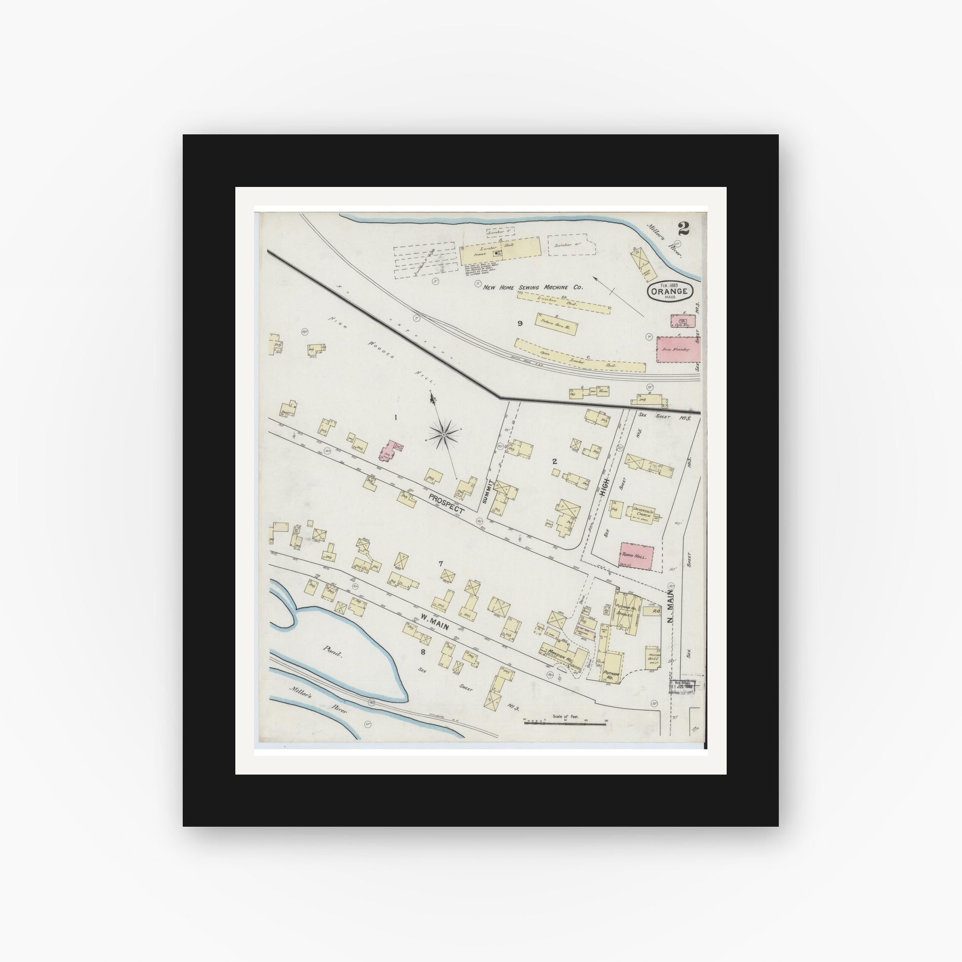 Old map wall art mockup — black gallery frame with white mat — Sanborn Fire Insurance Map from Orange, Franklin County, Massachusetts (1889), Sheet #0002