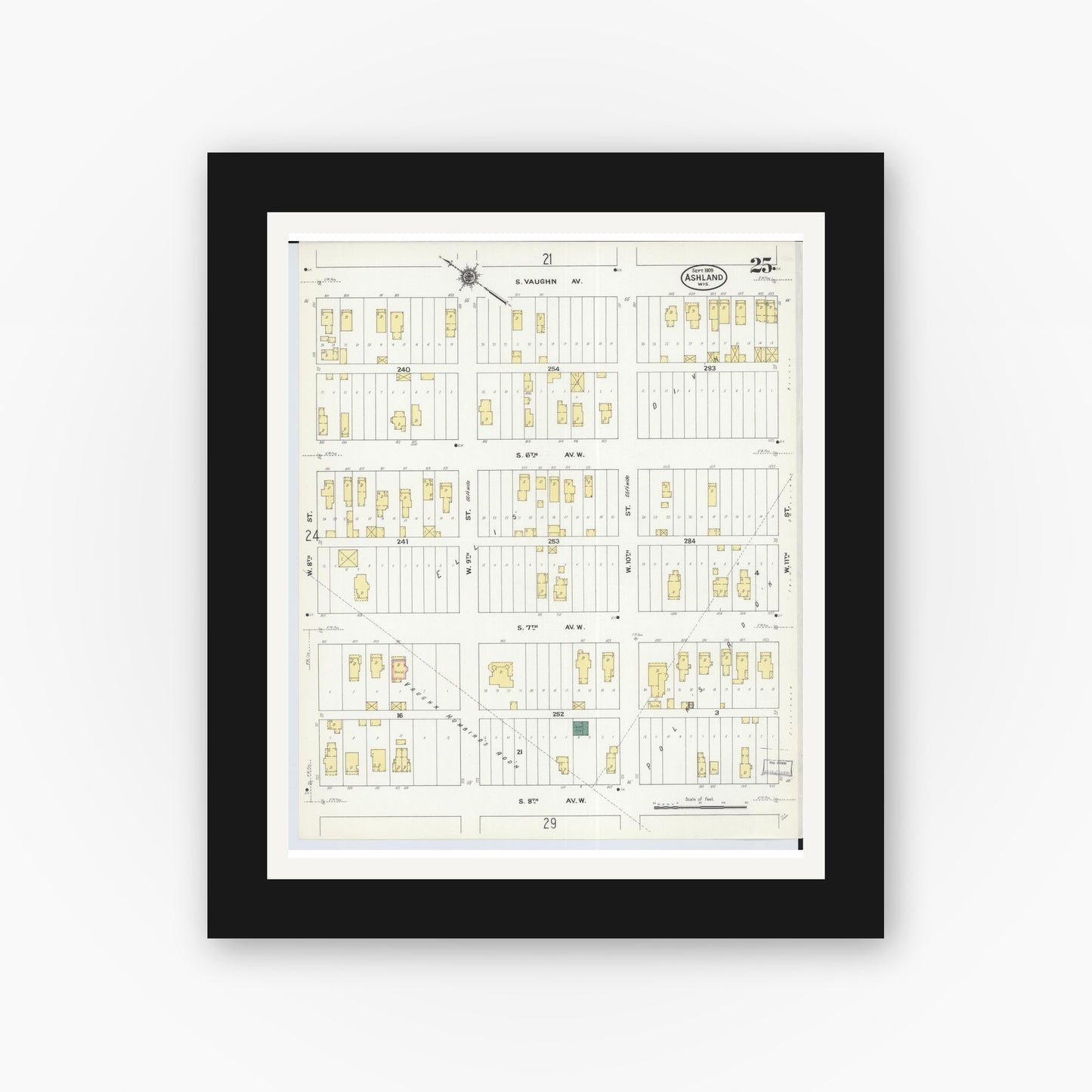 Old map wall art mockup — black gallery frame with white mat — Sanborn Fire Insurance Map from Ashland, Ashland County, Wisconsin (1909), Sheet #0025