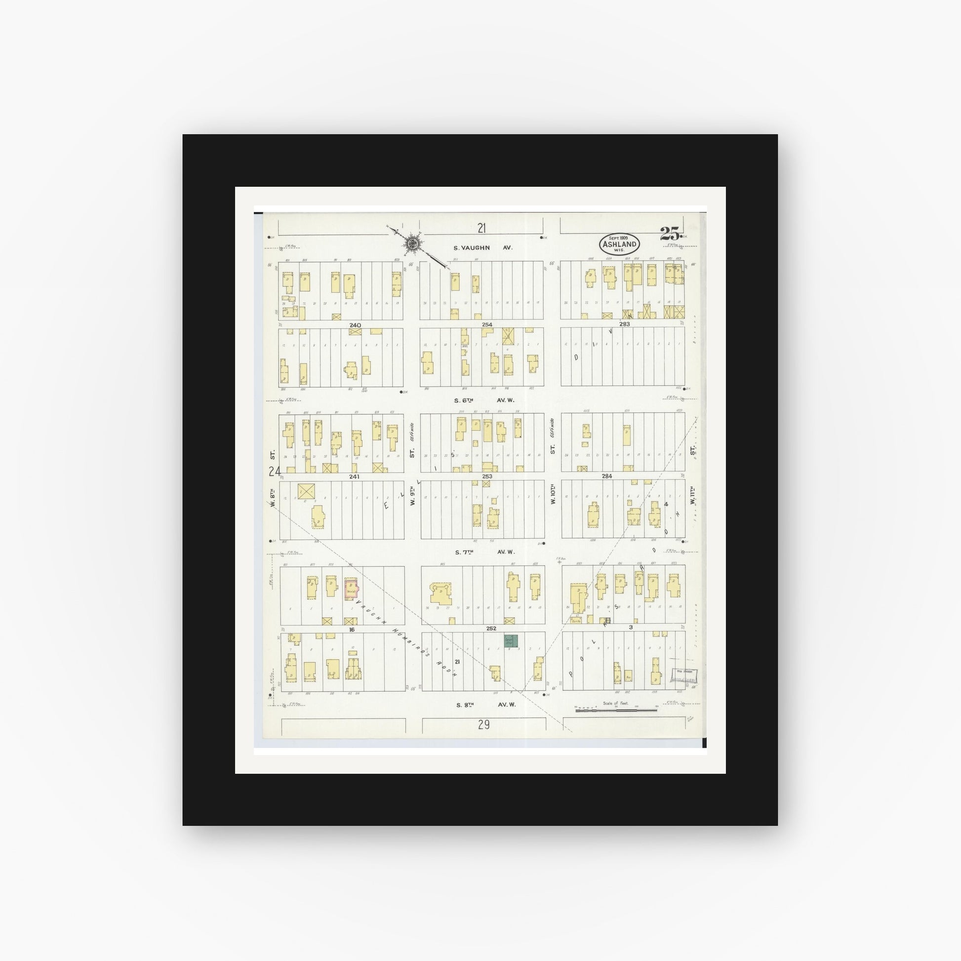 Old map wall art mockup — black gallery frame with white mat — Sanborn Fire Insurance Map from Ashland, Ashland County, Wisconsin (1909), Sheet #0025