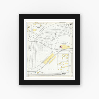 Old map wall art mockup — black gallery frame with white mat — Sanborn Fire Insurance Map from Oconto, Oconto County, Wisconsin (1904), Sheet #0012