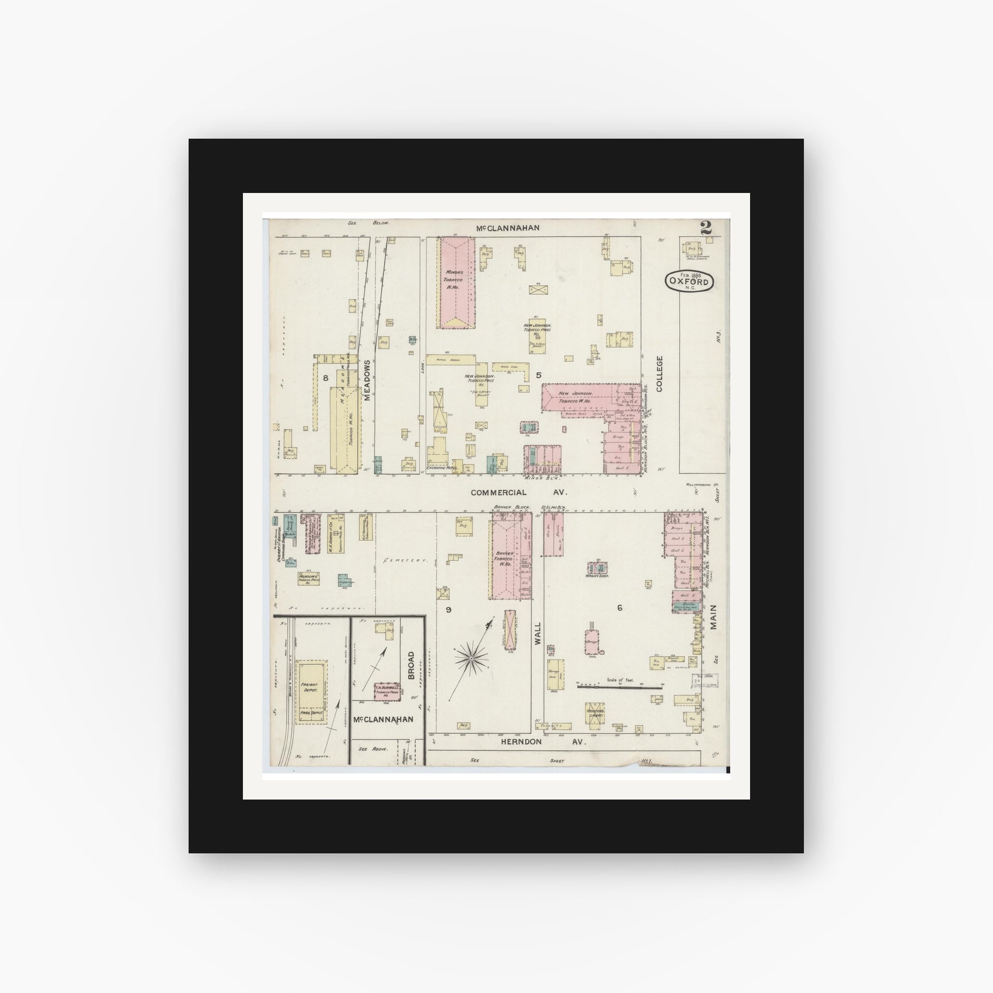 Old map wall art mockup — black gallery frame with white mat — Sanborn Fire Insurance Map from Oxford, Granville County, North Carolina (1888), Sheet #0002