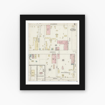 Old map wall art mockup — black gallery frame with white mat — Sanborn Fire Insurance Map from Oxford, Granville County, North Carolina (1888), Sheet #0002