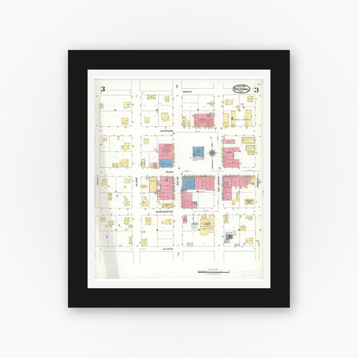 Old map wall art mockup — black gallery frame with white mat — Sanborn Fire Insurance Map from Rockwall, Rockwall County, Texas (1923), Sheet #0003