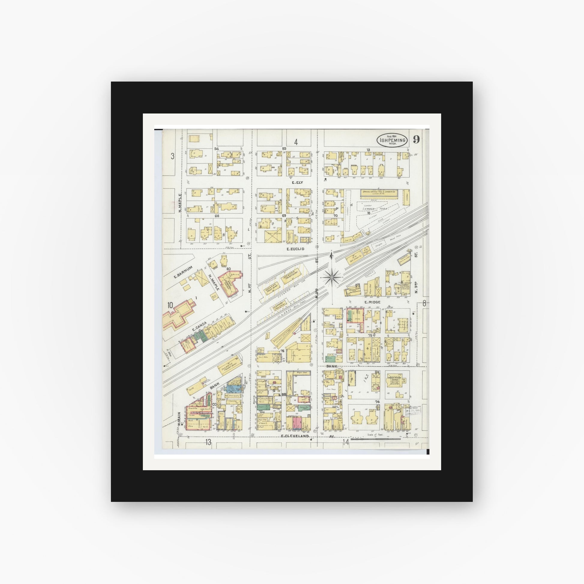 Old map wall art mockup — black gallery frame with white mat — Sanborn Fire Insurance Map from Ishpeming, Marquette County, Michigan (1904), Sheet #0009