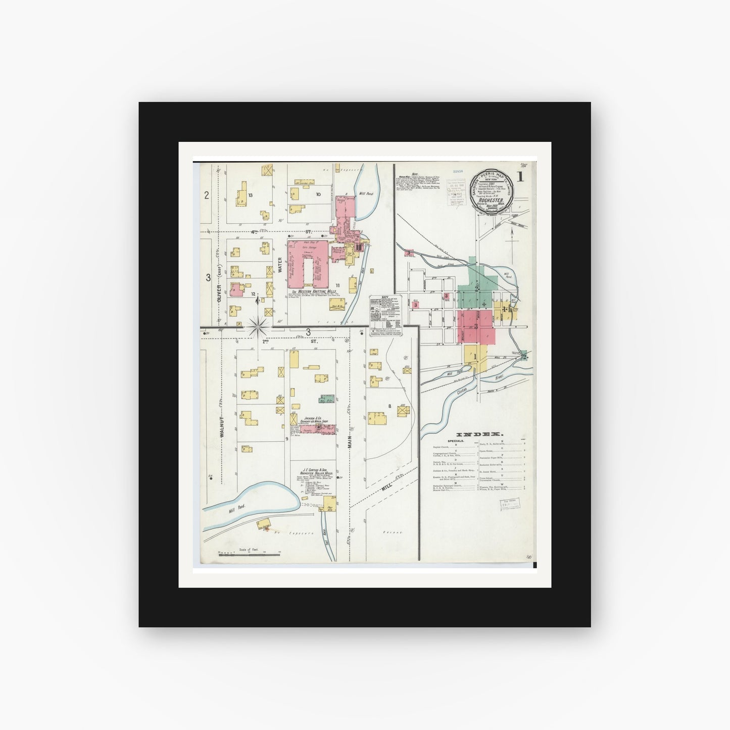 Old map wall art mockup — black gallery frame with white mat — Sanborn Fire Insurance Map from Rochester, Oakland County, Michigan (1900) - Complete Map Set