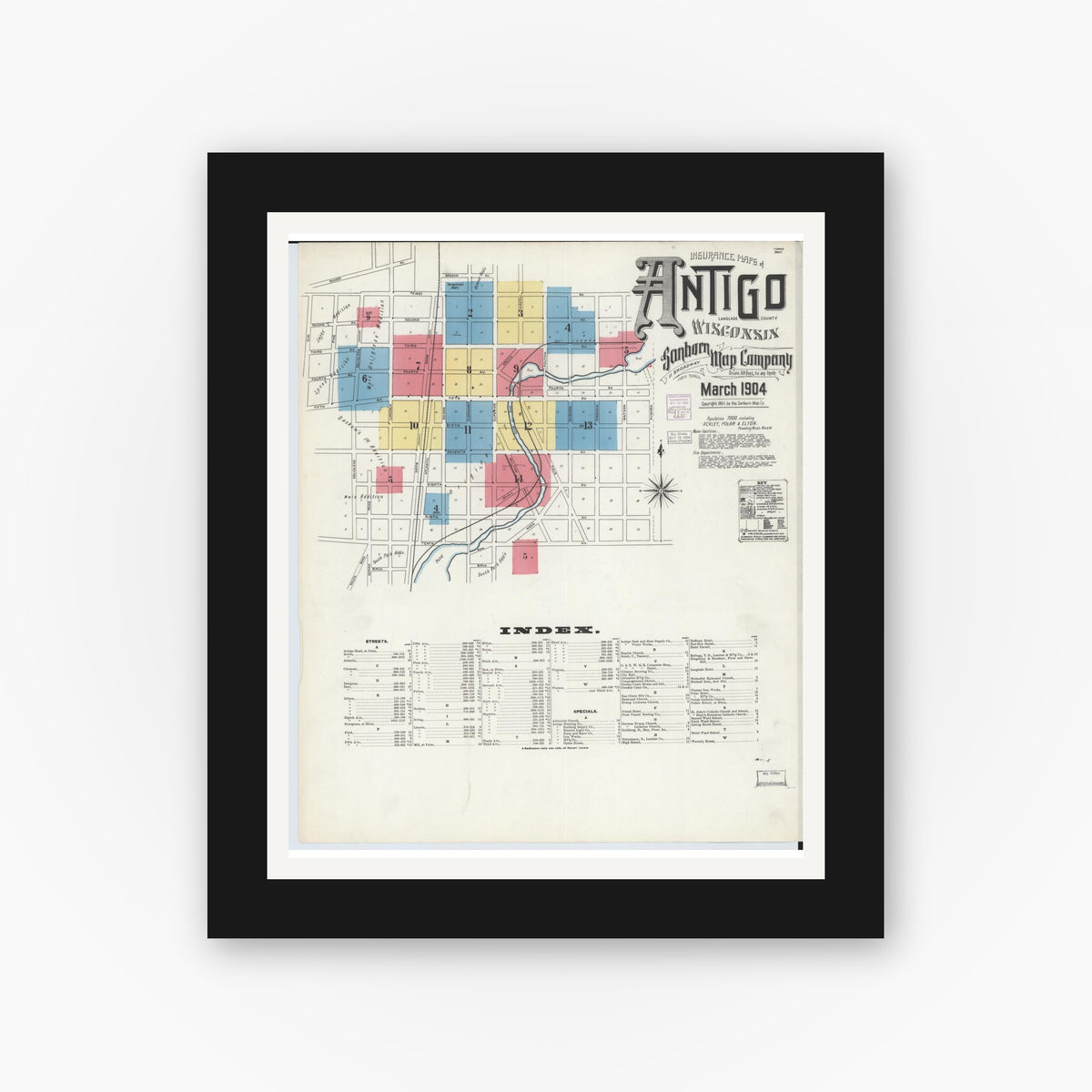 Old map wall art mockup — black gallery frame with white mat — Sanborn Fire Insurance Map from Antigo, Langlade County, Wisconsin (1904) - Complete Map Set