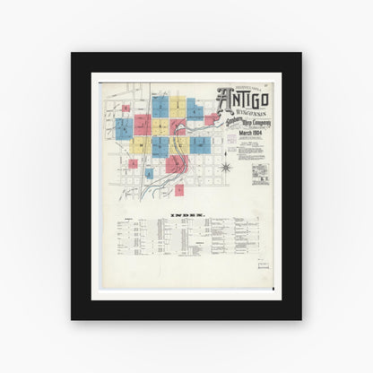 Old map wall art mockup — black gallery frame with white mat — Sanborn Fire Insurance Map from Antigo, Langlade County, Wisconsin (1904) - Complete Map Set