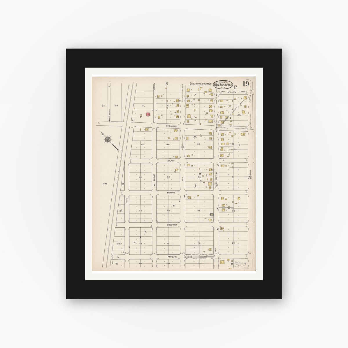 Old map wall art mockup — black gallery frame with white mat — Sanborn Fire Insurance Map from New Braunfels, Comal County, Texas (1922), Sheet #0019
