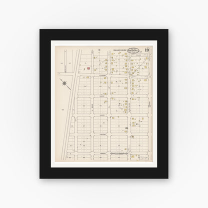 Old map wall art mockup — black gallery frame with white mat — Sanborn Fire Insurance Map from New Braunfels, Comal County, Texas (1922), Sheet #0019