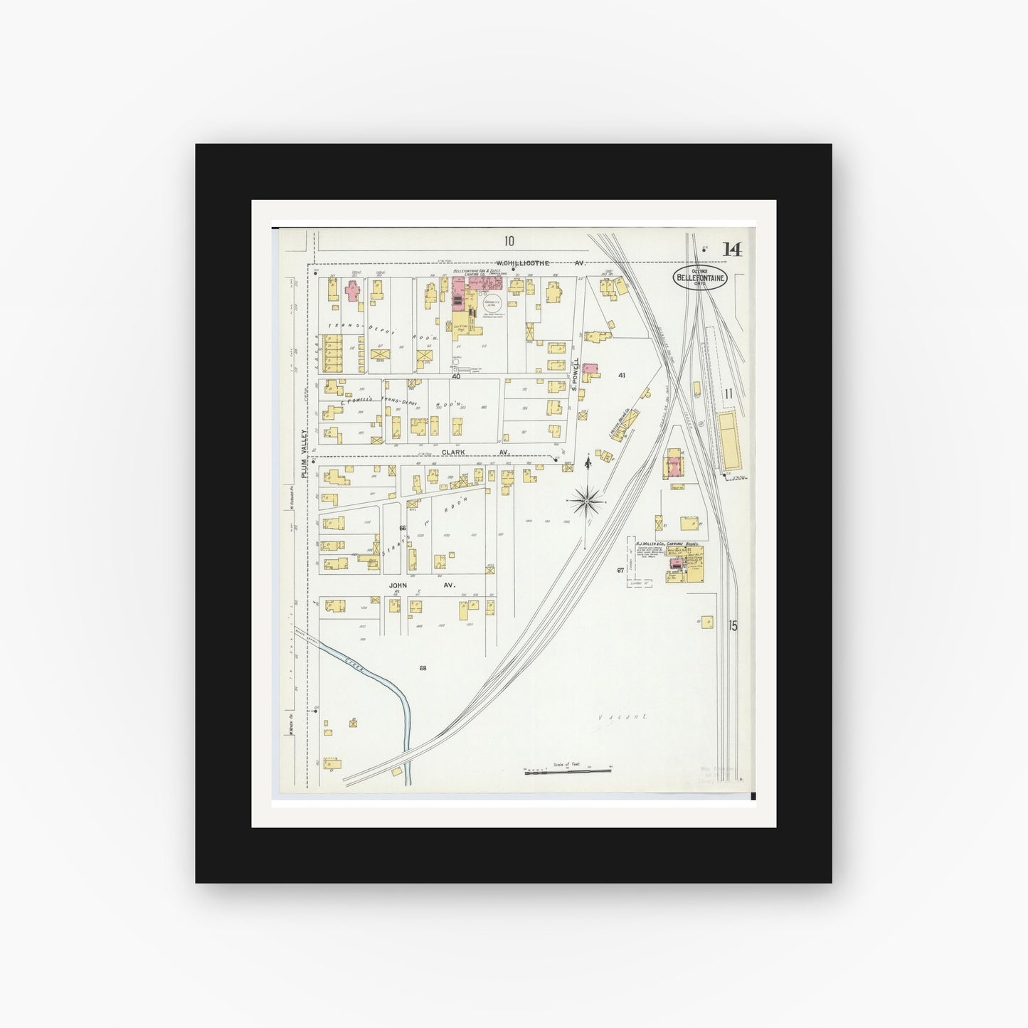 Old map wall art mockup — black gallery frame with white mat — Sanborn Fire Insurance Map from Bellefontaine, Logan County, Ohio (1901), Sheet #0014