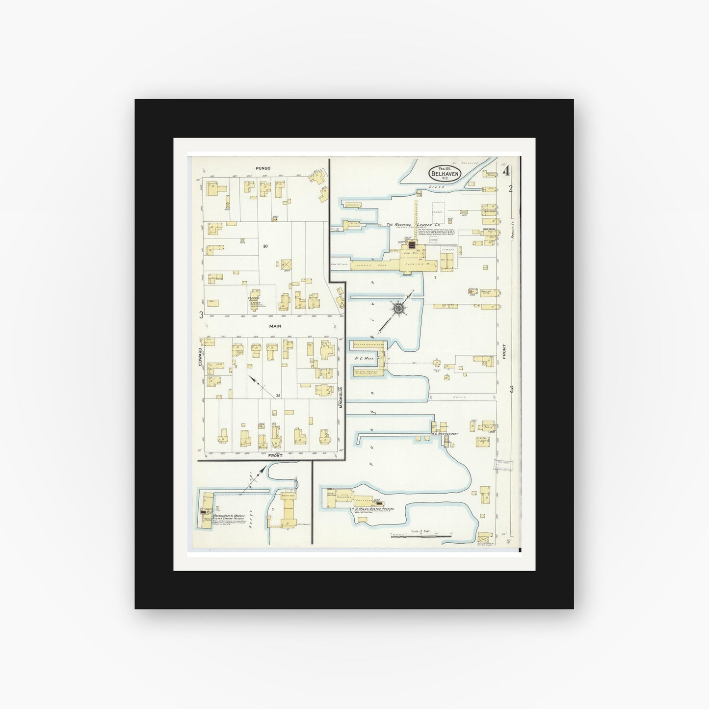 Old map wall art mockup — black gallery frame with white mat — Sanborn Fire Insurance Map from Belhaven, Beaufort County, North Carolina (1911), Sheet #0004