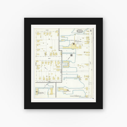 Old map wall art mockup — black gallery frame with white mat — Sanborn Fire Insurance Map from Belhaven, Beaufort County, North Carolina (1911), Sheet #0004