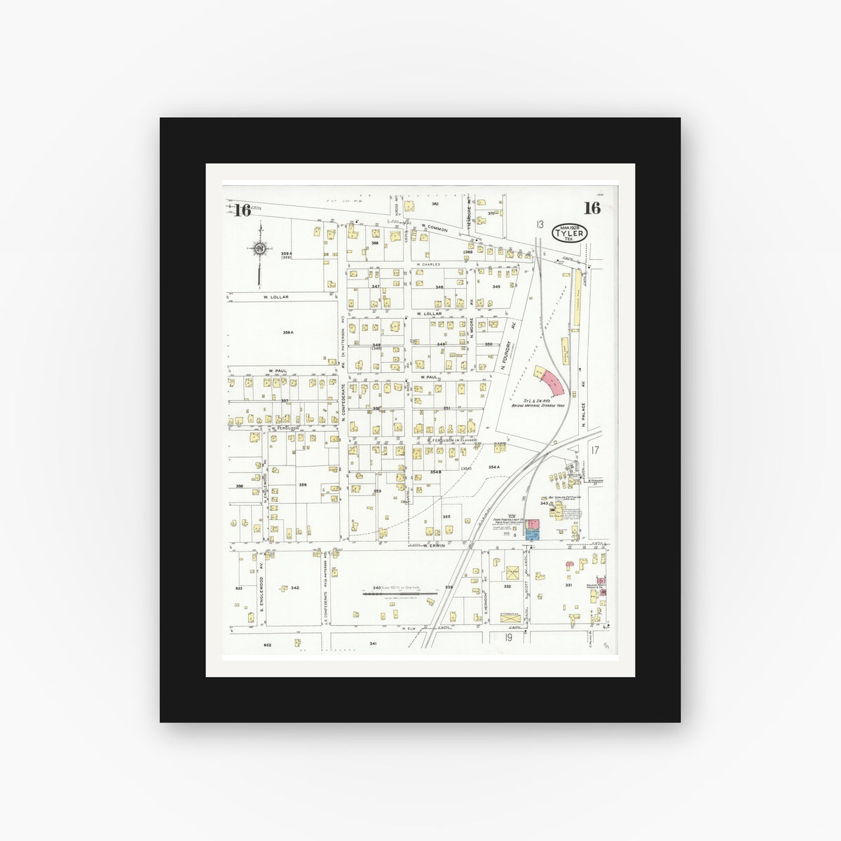 Old map wall art mockup — black gallery frame with white mat — Sanborn Fire Insurance Map from Tyler, Smith County, Texas (1928), Sheet #0016