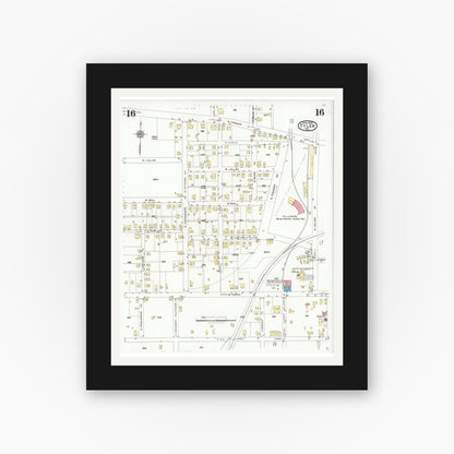 Old map wall art mockup — black gallery frame with white mat — Sanborn Fire Insurance Map from Tyler, Smith County, Texas (1928), Sheet #0016