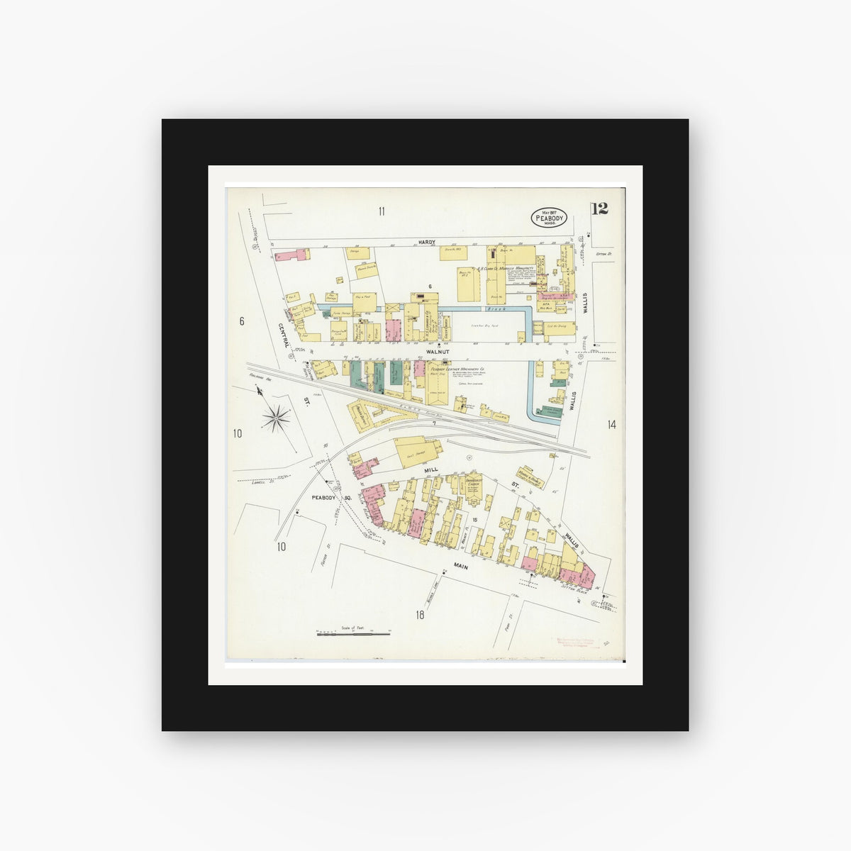 Old map wall art mockup — black gallery frame with white mat — Sanborn Fire Insurance Map from Peabody, Essex County, Massachusetts (1907), Sheet #0012