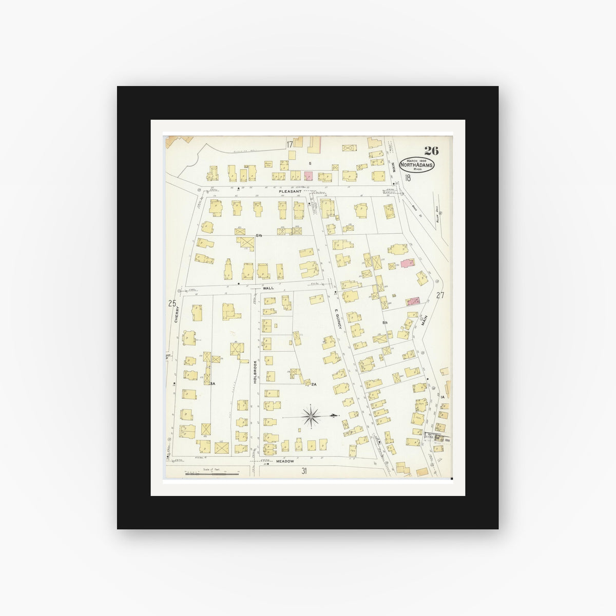 Old map wall art mockup — black gallery frame with white mat — Sanborn Fire Insurance Map from North Adams, Berkshire County, Massachusetts (1908), Sheet #0026