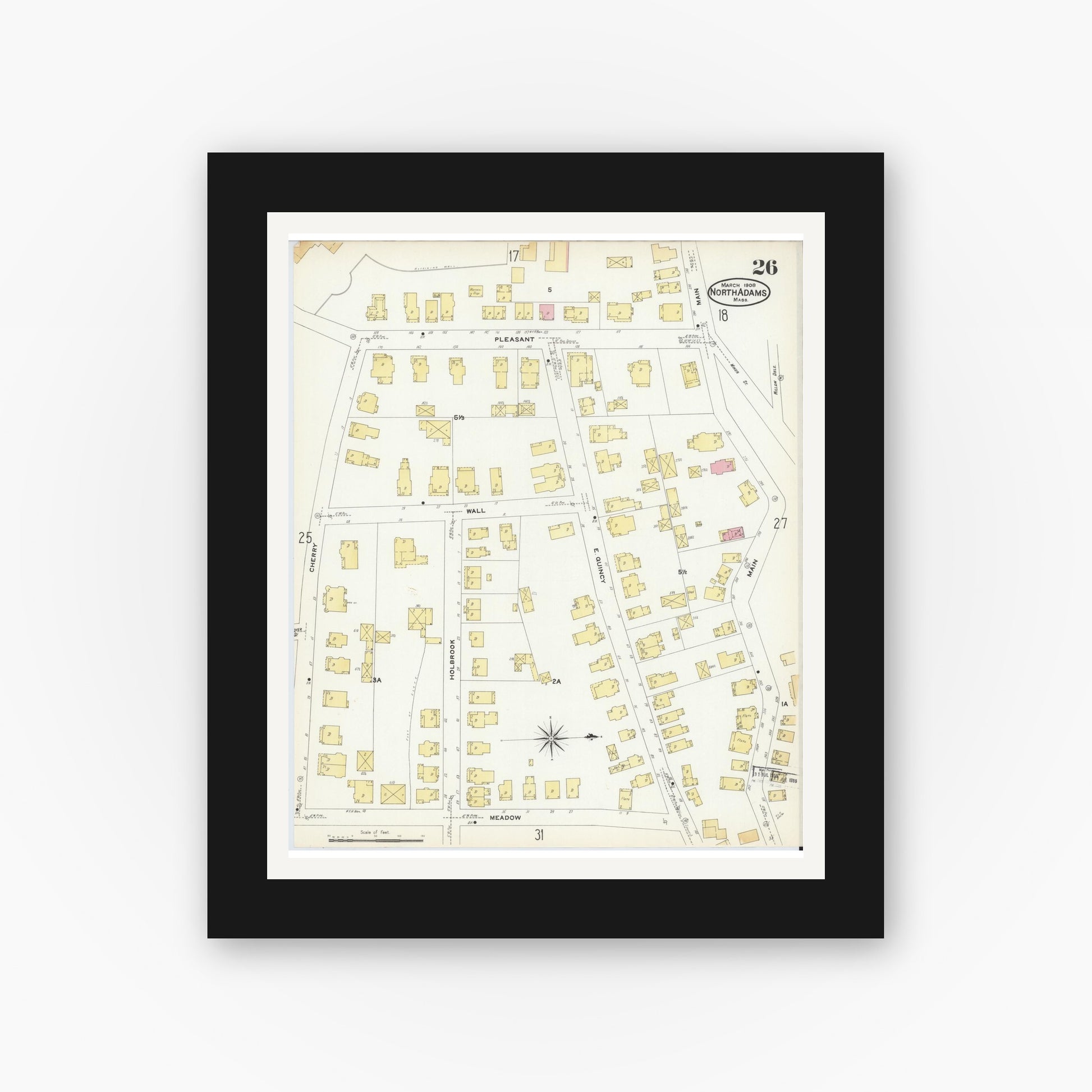 Old map wall art mockup — black gallery frame with white mat — Sanborn Fire Insurance Map from North Adams, Berkshire County, Massachusetts (1908), Sheet #0026