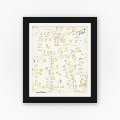 Old map wall art mockup — black gallery frame with white mat — Sanborn Fire Insurance Map from North Adams, Berkshire County, Massachusetts (1908), Sheet #0026