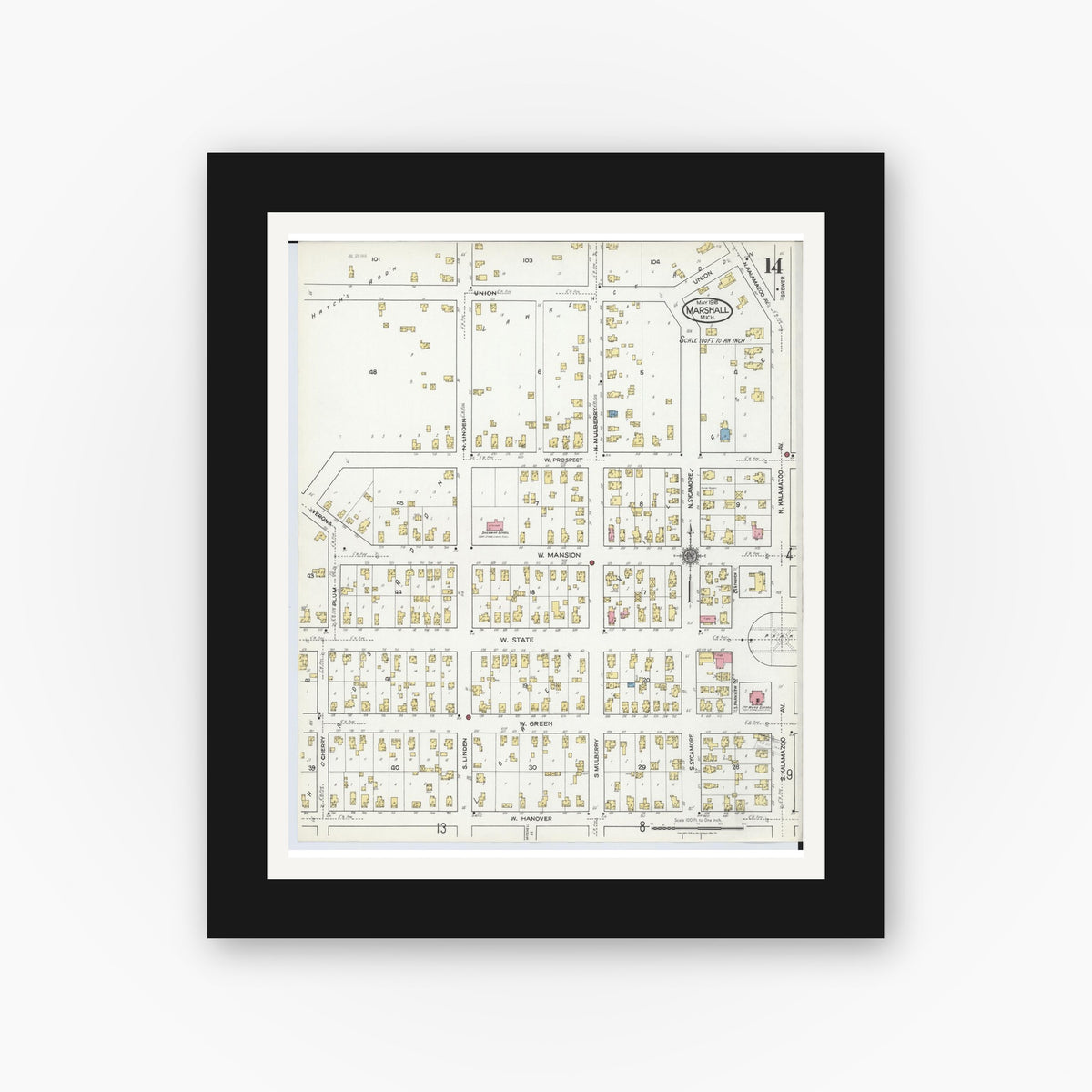 Old map wall art mockup — black gallery frame with white mat — Sanborn Fire Insurance Map from Marshall, Calhoun County, Michigan (1916), Sheet #0014