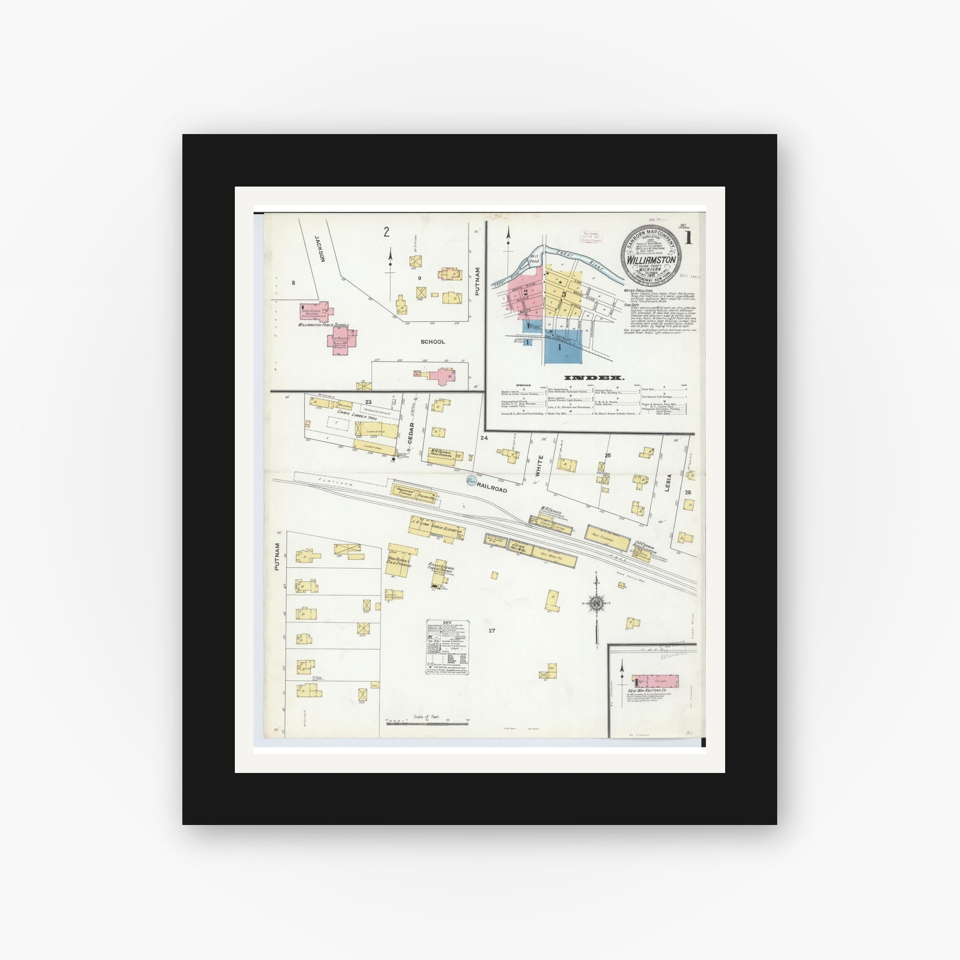 Old map wall art mockup — black gallery frame with white mat — Sanborn Fire Insurance Map from Williamston, Ingham County, Michigan (1910) - Complete Map Set
