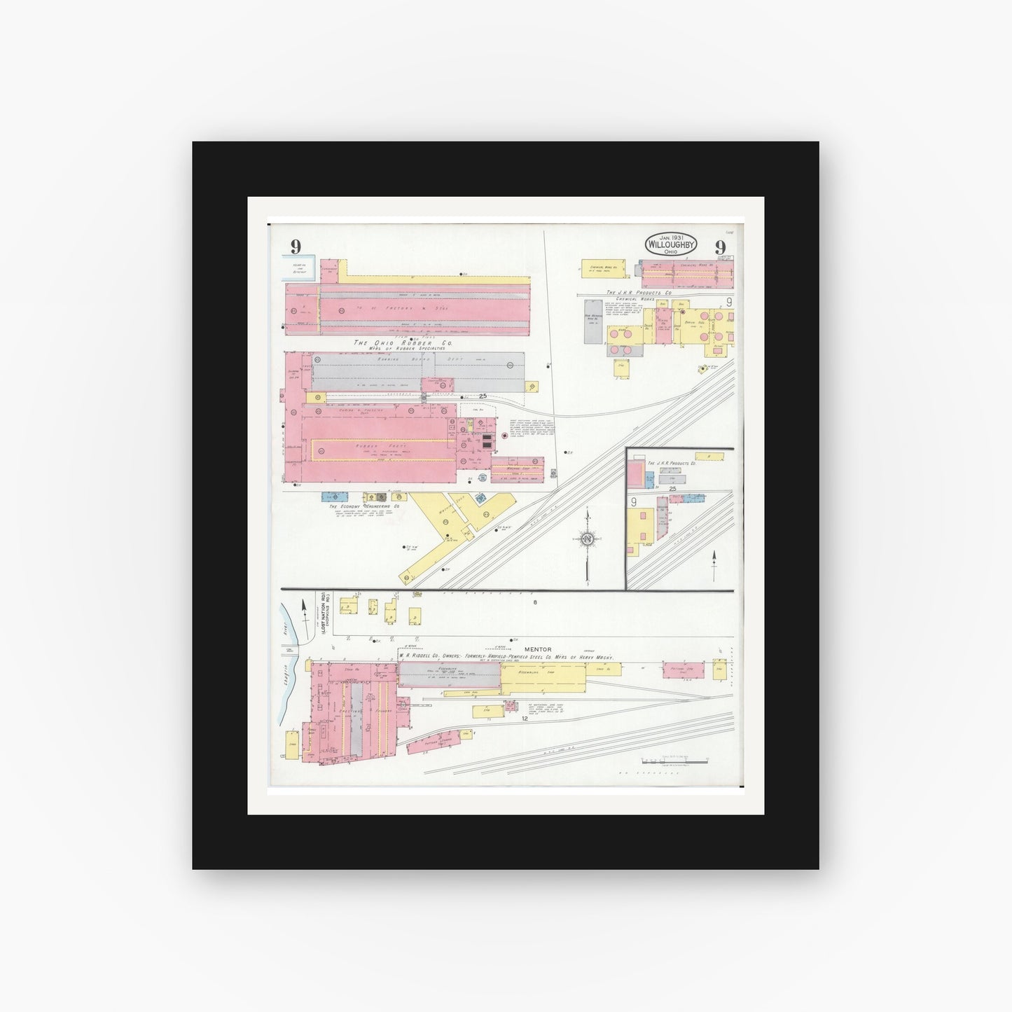 Old map wall art mockup — black gallery frame with white mat — Sanborn Fire Insurance Map from Willoughby, Lake County, Ohio (1931), Sheet #0009