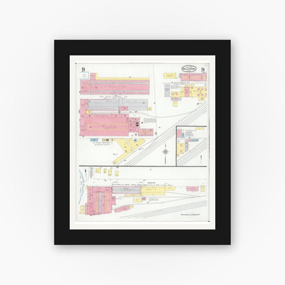 Old map wall art mockup — black gallery frame with white mat — Sanborn Fire Insurance Map from Willoughby, Lake County, Ohio (1931), Sheet #0009