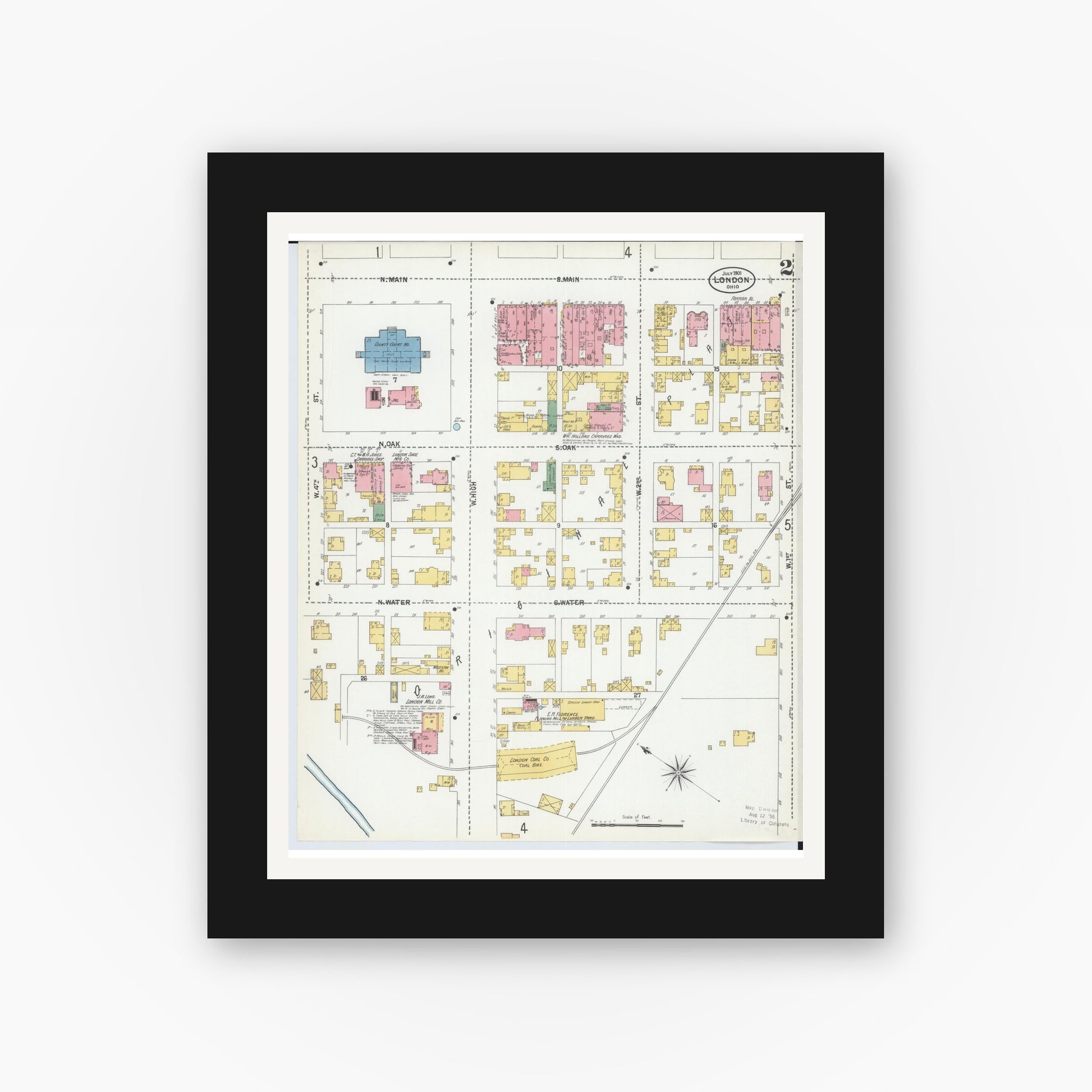 Old map wall art mockup — black gallery frame with white mat — Sanborn Fire Insurance Map from London, Madison County, Ohio (1901), Sheet #0002
