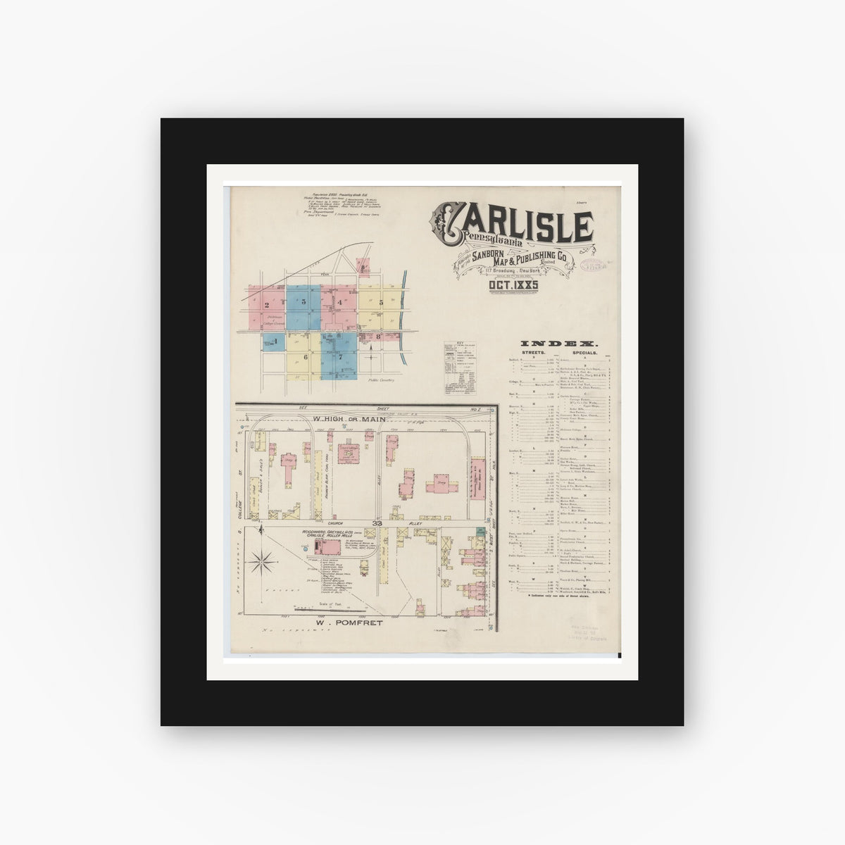Old map wall art mockup — black gallery frame with white mat — Sanborn Fire Insurance Map from Carlisle, Cumberland County, Pennsylvania (1885) - Complete Map Set