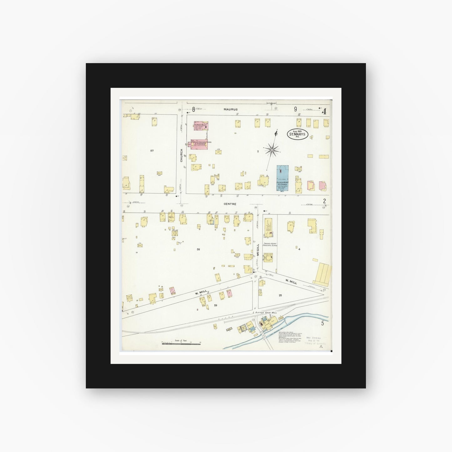 Old map wall art mockup — black gallery frame with white mat — Sanborn Fire Insurance Map from Saint Marys, Elk County, Pennsylvania (1909), Sheet #0004