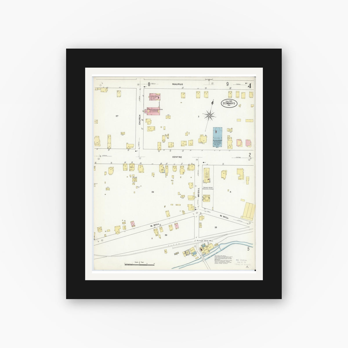 Old map wall art mockup — black gallery frame with white mat — Sanborn Fire Insurance Map from Saint Marys, Elk County, Pennsylvania (1909), Sheet #0004