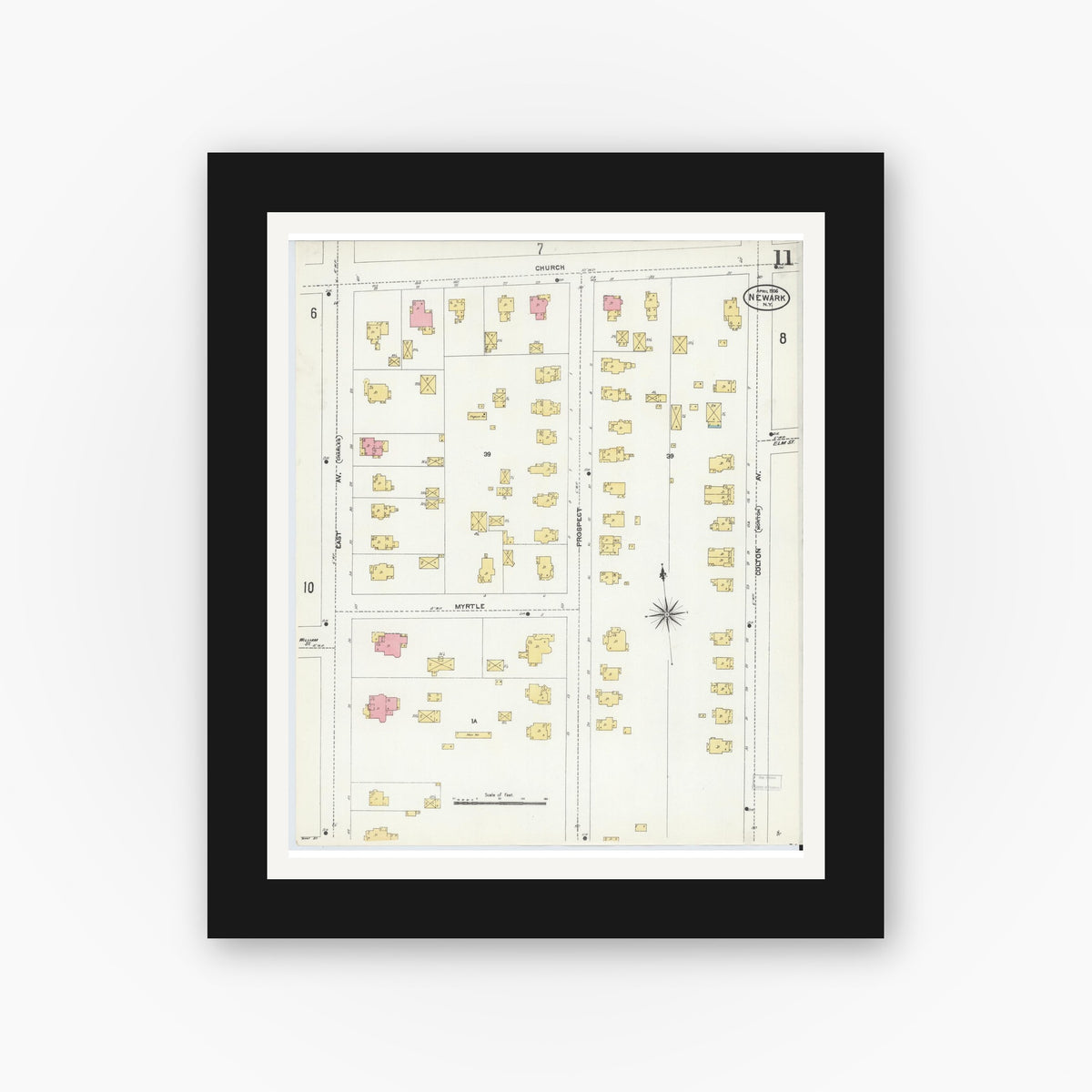 Old map wall art mockup — black gallery frame with white mat — Sanborn Fire Insurance Map from Newark, Wayne County, New York (1906), Sheet #0011