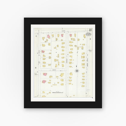 Old map wall art mockup — black gallery frame with white mat — Sanborn Fire Insurance Map from Newark, Wayne County, New York (1906), Sheet #0011