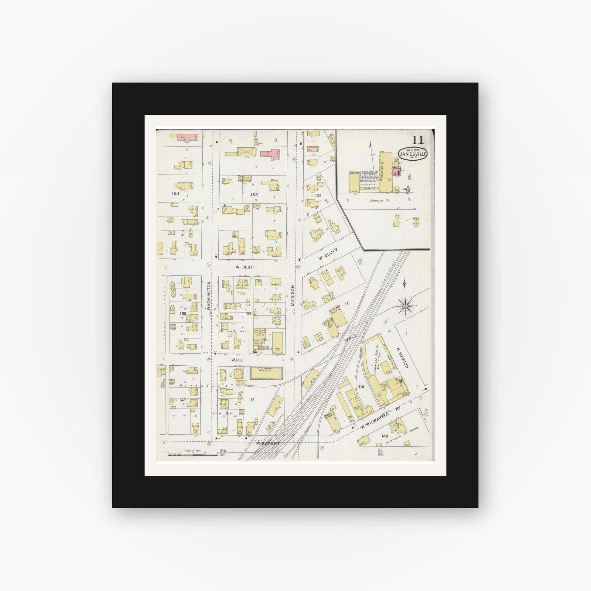 Old map wall art mockup — black gallery frame with white mat — Sanborn Fire Insurance Map from Janesville, Rock County, Wisconsin (1895), Sheet #0011