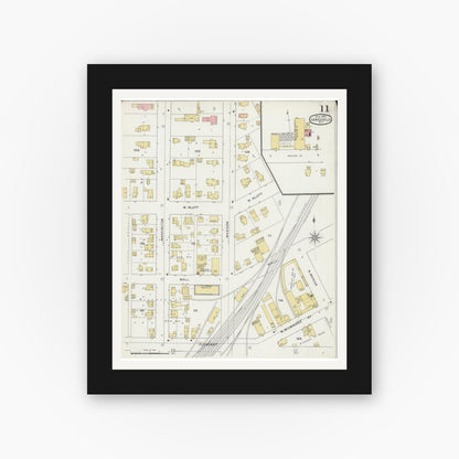 Old map wall art mockup — black gallery frame with white mat — Sanborn Fire Insurance Map from Janesville, Rock County, Wisconsin (1895), Sheet #0011