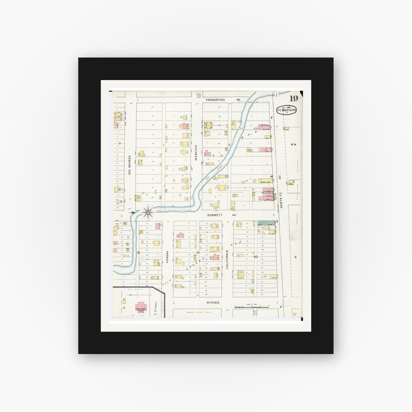 Old map wall art mockup — black gallery frame with white mat — Sanborn Fire Insurance Map from Fort Madison, Lee County, Iowa (1894), Sheet #0019