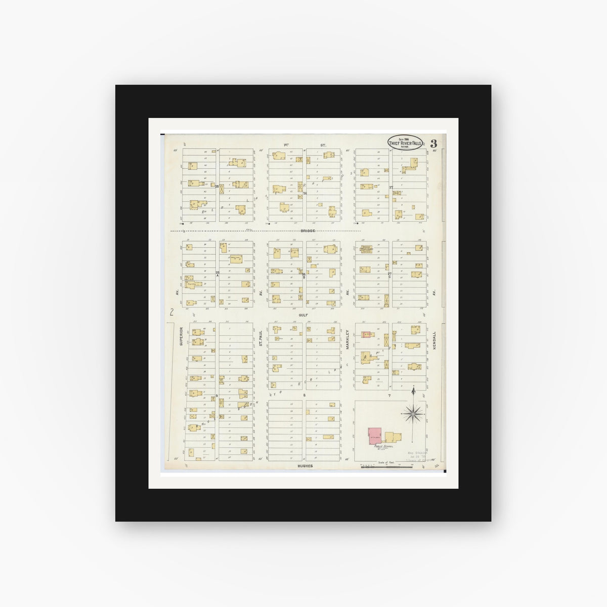 Old map wall art mockup — black gallery frame with white mat — Sanborn Fire Insurance Map from Thief River Falls, Pennington County, Minnesota (1906), Sheet #0003