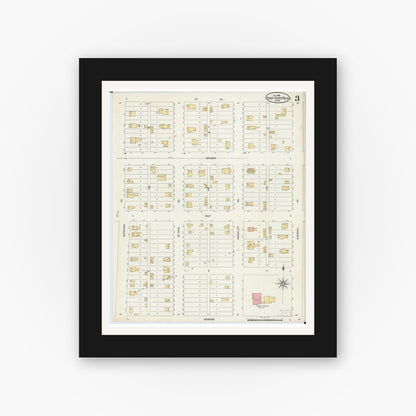 Old map wall art mockup — black gallery frame with white mat — Sanborn Fire Insurance Map from Thief River Falls, Pennington County, Minnesota (1906), Sheet #0003
