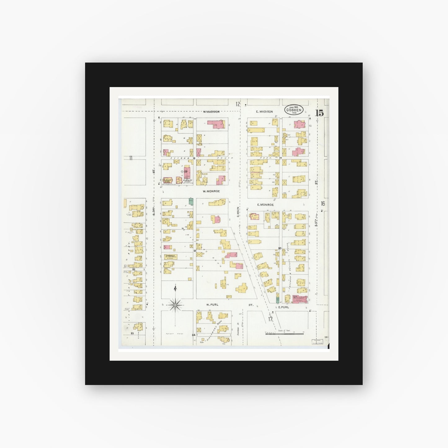 Old map wall art mockup — black gallery frame with white mat — Sanborn Fire Insurance Map from Goshen, Elkhart County, Indiana (1905), Sheet #0015