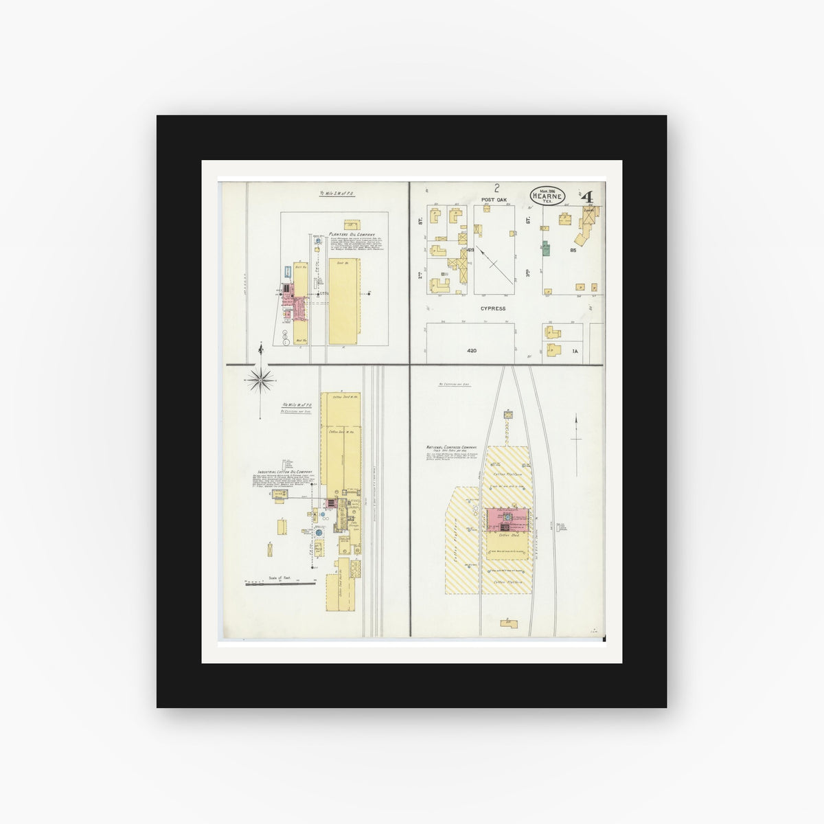 Old map wall art mockup — black gallery frame with white mat — Sanborn Fire Insurance Map from Hearne, Robertson County, Texas (1906), Sheet #0004