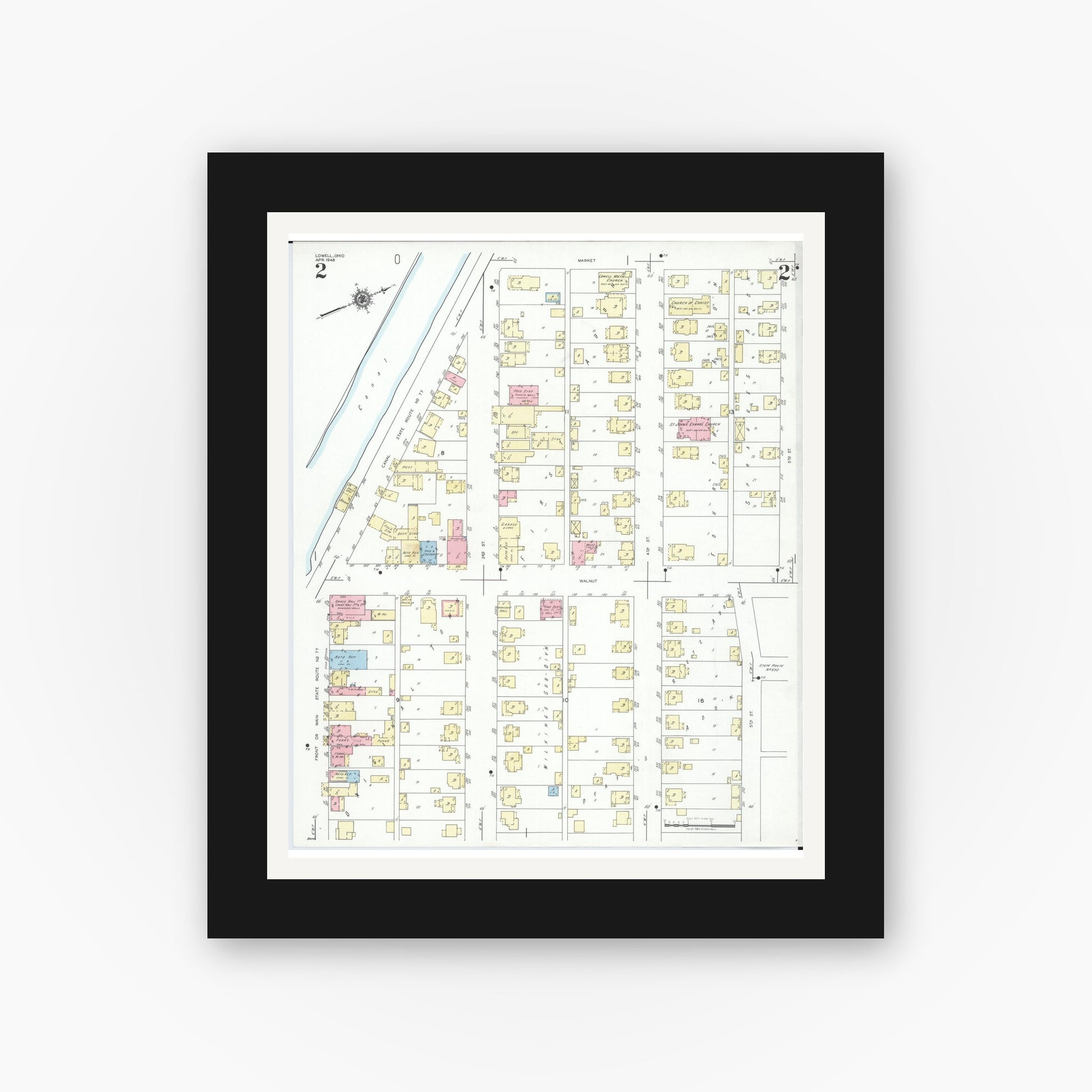 Old map wall art mockup — black gallery frame with white mat — Sanborn Fire Insurance Map from Lowell, Washington County, Ohio (1948), Sheet #0002