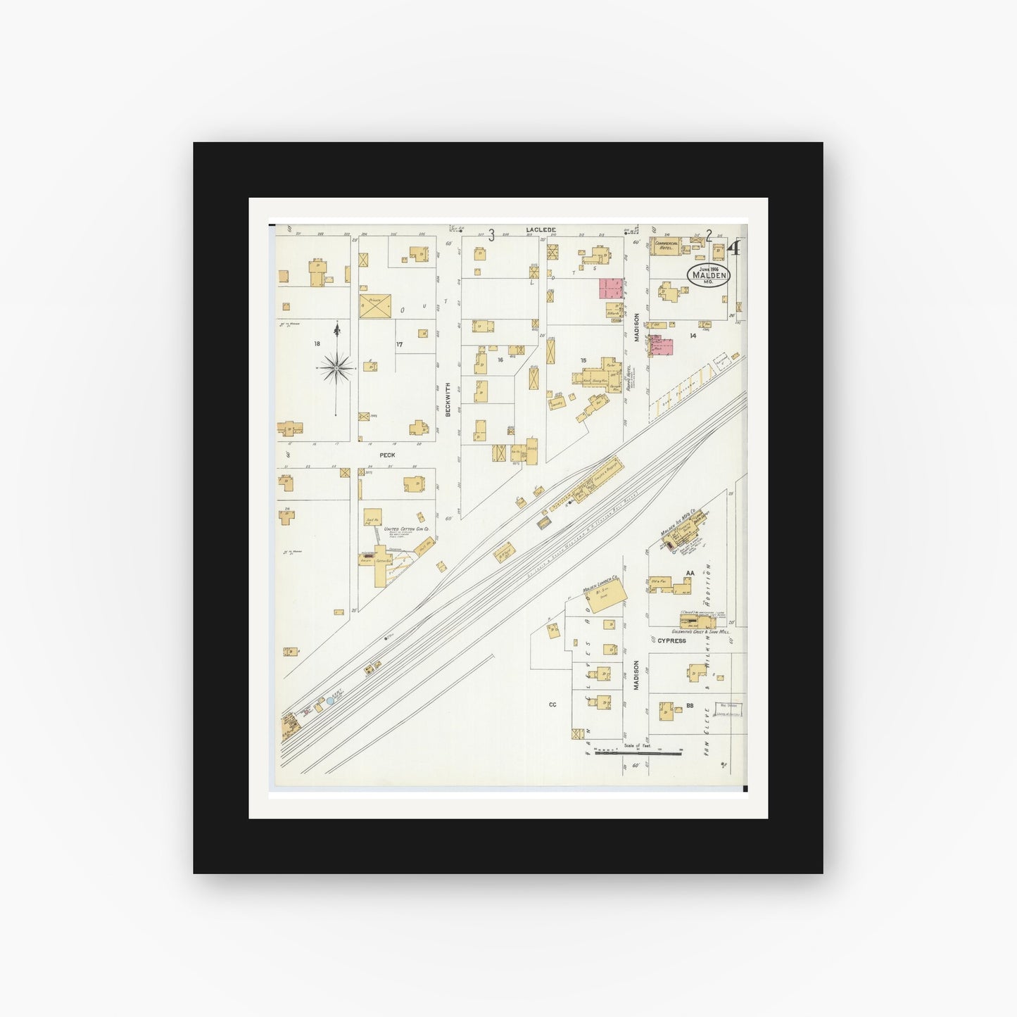 Old map wall art mockup — black gallery frame with white mat — Sanborn Fire Insurance Map from Malden, Dunklin County, Missouri (1906), Sheet #0004
