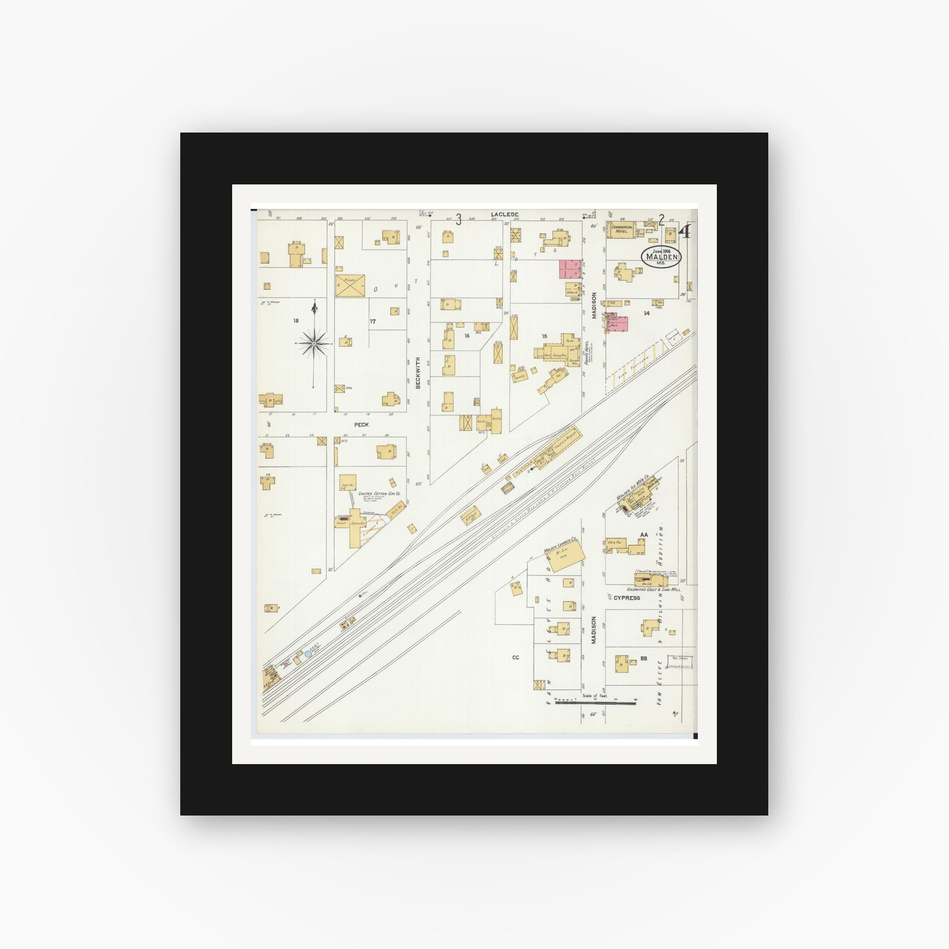 Old map wall art mockup — black gallery frame with white mat — Sanborn Fire Insurance Map from Malden, Dunklin County, Missouri (1906), Sheet #0004