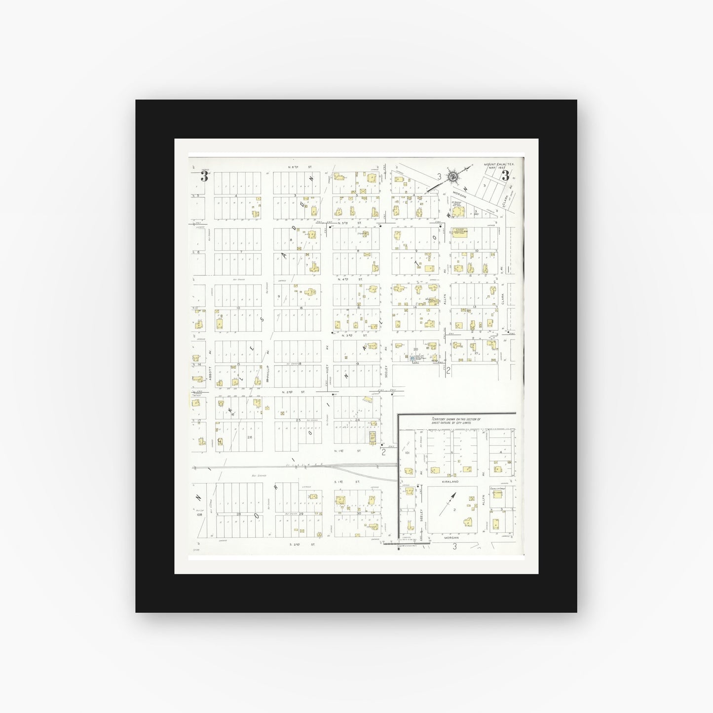 Old map wall art mockup — black gallery frame with white mat — Sanborn Fire Insurance Map from Mount Calm, Hill County, Texas (1937), Sheet #0003