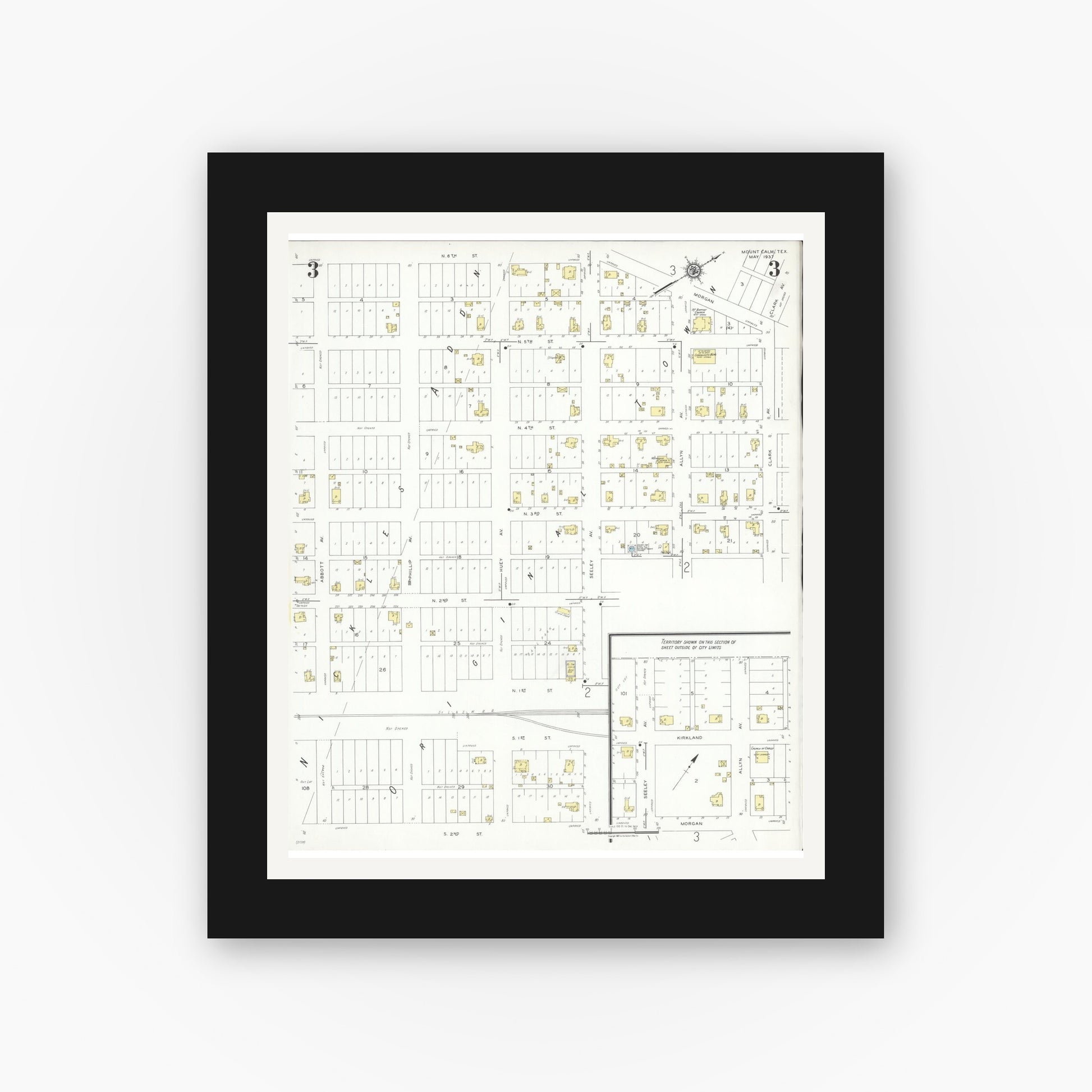 Old map wall art mockup — black gallery frame with white mat — Sanborn Fire Insurance Map from Mount Calm, Hill County, Texas (1937), Sheet #0003