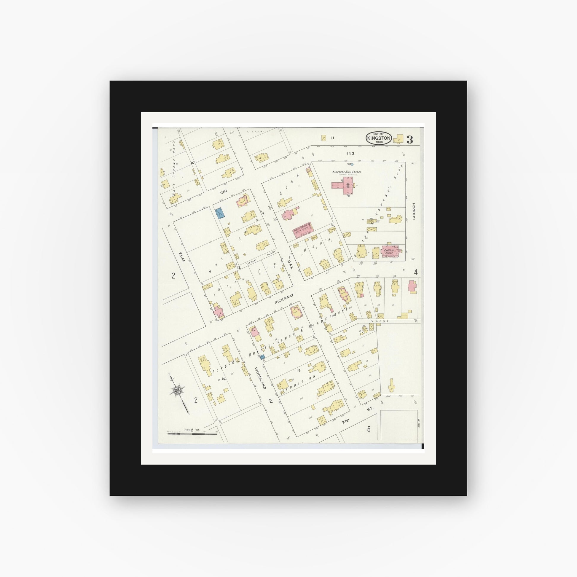 Old map wall art mockup — black gallery frame with white mat — Sanborn Fire Insurance Map from Kingston, Ross County, Ohio (1915), Sheet #0003