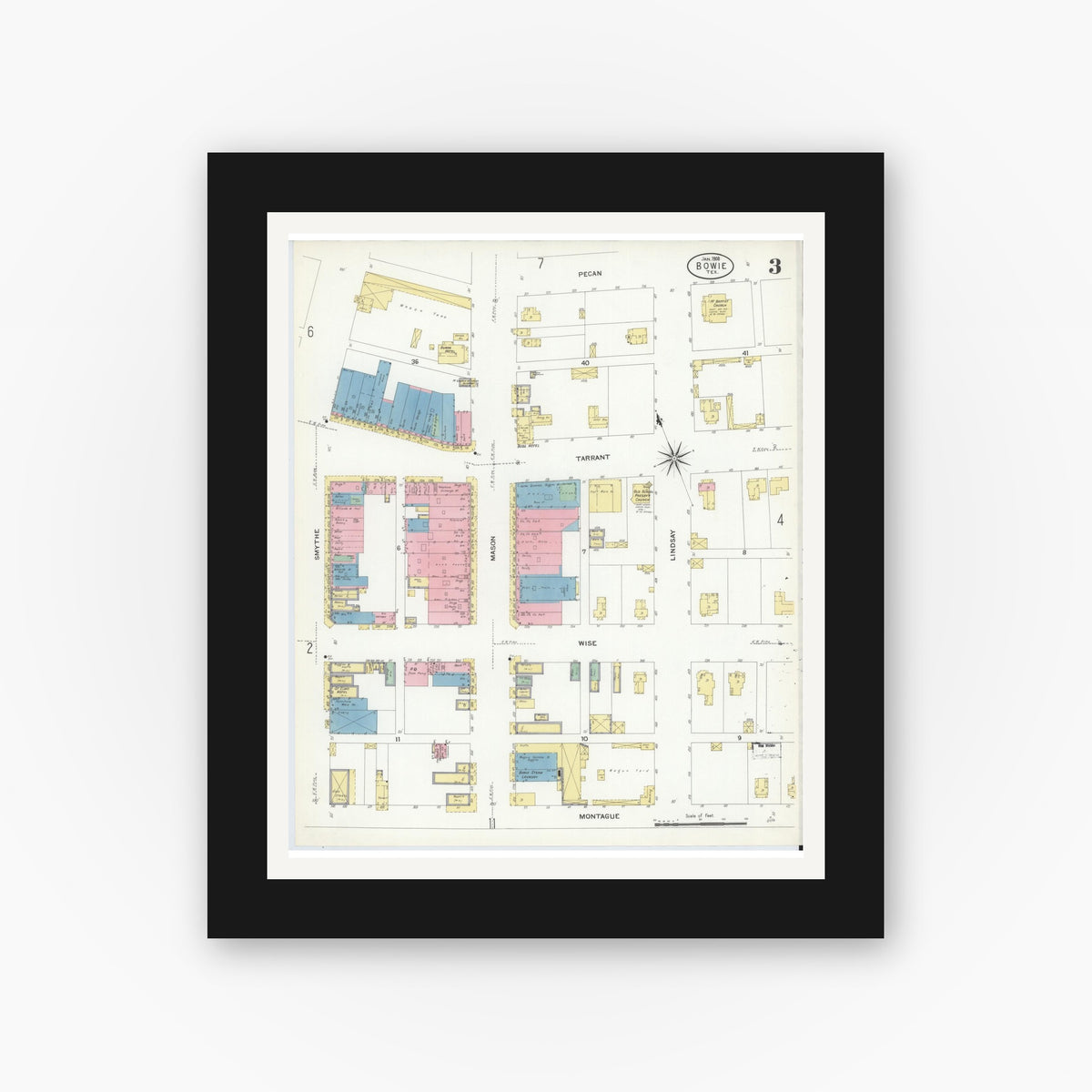 Old map wall art mockup — black gallery frame with white mat — Sanborn Fire Insurance Map from Bowie, Montague County, Texas (1908), Sheet #0003
