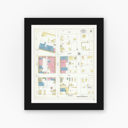 Old map wall art mockup — black gallery frame with white mat — Sanborn Fire Insurance Map from Bowie, Montague County, Texas (1908), Sheet #0003