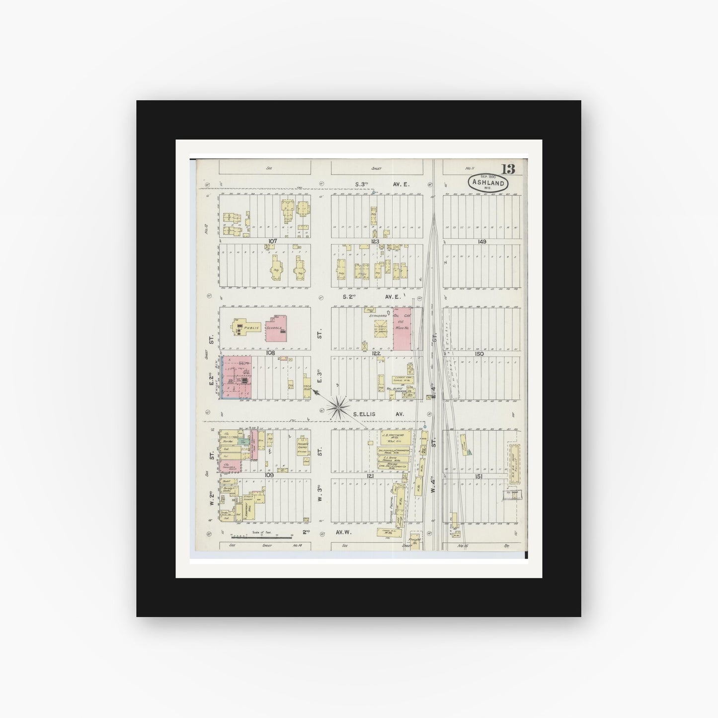 Old map wall art mockup — black gallery frame with white mat — Sanborn Fire Insurance Map from Ashland, Ashland County, Wisconsin (1890), Sheet #0013