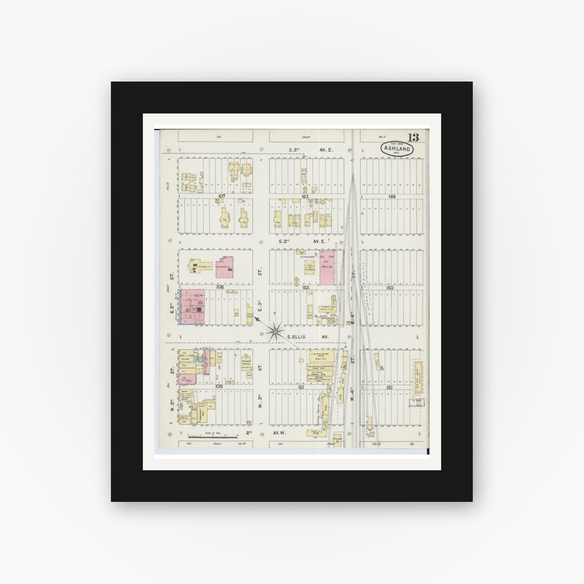 Old map wall art mockup — black gallery frame with white mat — Sanborn Fire Insurance Map from Ashland, Ashland County, Wisconsin (1890), Sheet #0013